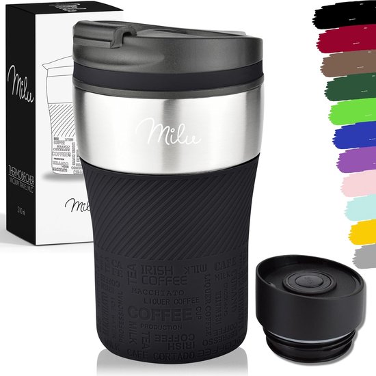 Zwarte Milu thermosbeker van roestvrij staal met rubberen grip en een zwart deksel. Afmetingen: 210 ml.