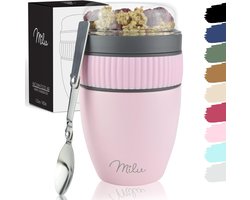 Milu Muesli Beker To Go | Yoghurt Beker To Go 400 ml | Geïsoleerde Roestvrijstalen Yoghurtbeker Voor Muesli | Lekvrije Mueslibeker met Lepel voor Yoghurt/Pap (Roze)