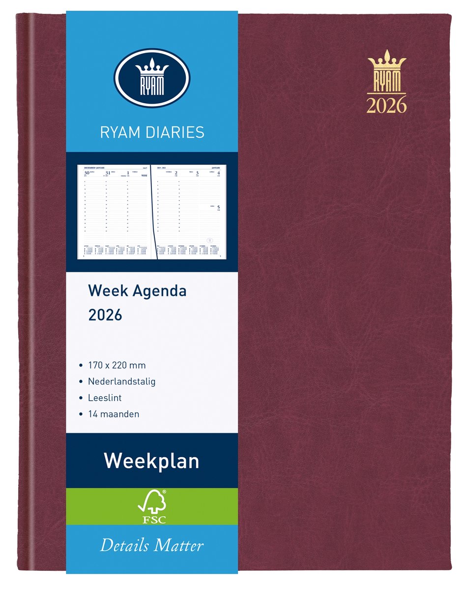 Ryam | Bureau agenda | Weekplan Wit NL Mundior | 2026 | Genaaid gebonden | 170 x 220 mm | 14 mnd | Bordeaux |