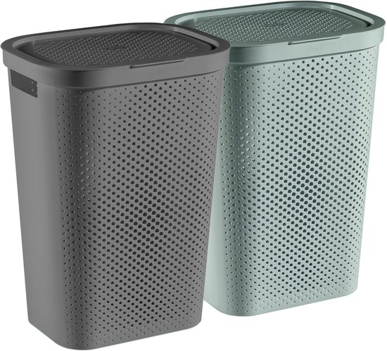 Panier à linge Curver Infinity Recycled Dots avec couvercle - 60 L - 2 pièces - Anthracite + Vert