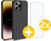 Hoesje en Screenprotector Combi Geschikt Voor iPhone 14 Pro Max - Zwarte Siliconen Hoesje + 2x Screenprotector