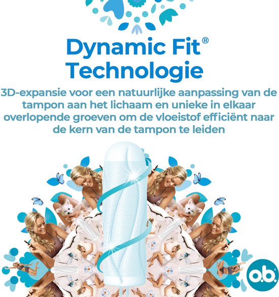 o.b. tampon met Dynamic Fit Technologie, getoond in een cirkel van vrouwen, vlinders en bloemen.