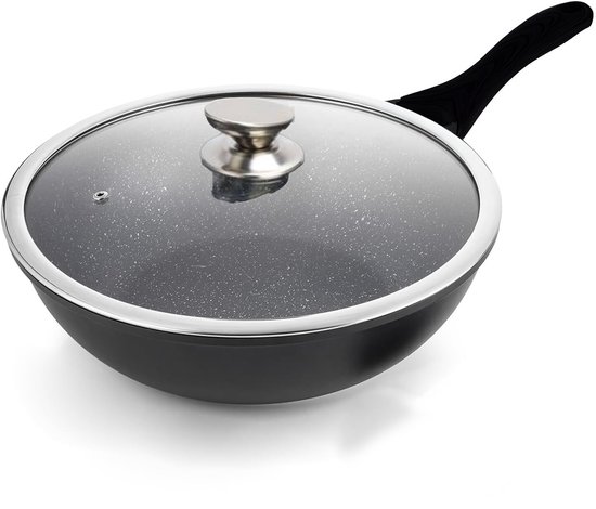 Royalty Line® BW28M Wokpan Inductie - Ø 28 cm / 3.7 Liter - Wokpannen Voor Alle Warmtebronnen - Antiaanbaklaag - Wok Pan Met Deksel - PFOA & PTFE Vrij - Zwart