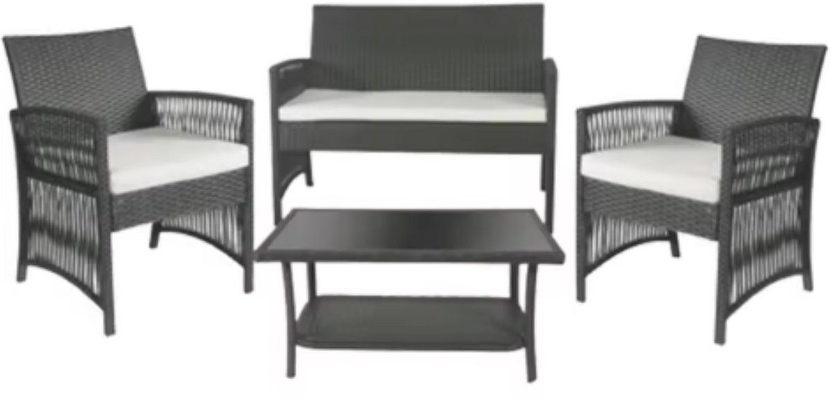 Rotan Tuinmeubelen Set - Voor Buiten en Balkon - 4 Stuks - Rotan Patio Meubelen - Weven Rieten Sofa Set met Kussens en Glazen Tafelm - Donkergrijs