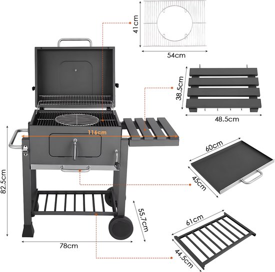 Barbecuewagen - Houtskoolbarbecue - BBQ - Smoker XXL - Houtskoolgrill - Met Wielen, Roestvrijstalen Handgreep - Perfect voor Buitenterras, Tuin en Achtertuin van Merkloos — afbeelding 4