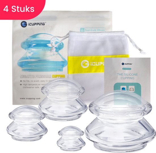 Een set van vier transparante iCupping cups met blauwe accenten, inclusief opbergzakje en handleiding.