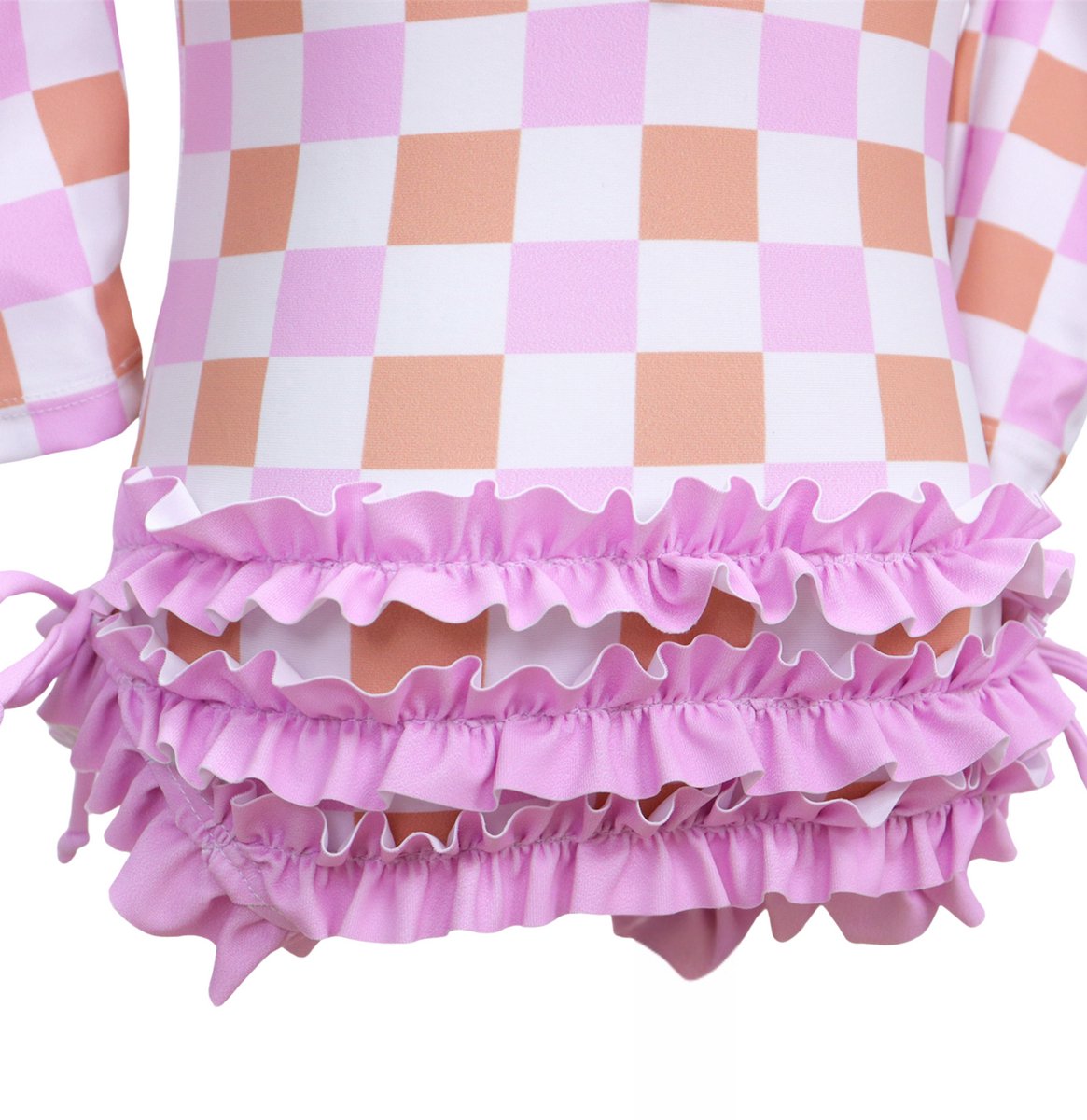 Joya Kids® Badpak Lange Mouw Lila, Roze en Wit Geblokt met Ruches en Strikjes Meisjes | Zwempak met ruches UV Badpak Lila en Roze | Zwempak Lange Mouw UV Bescherming Blokjes | Meisje Bikini Zomer | Kinderbadpak Peuter | — afbeelding 10