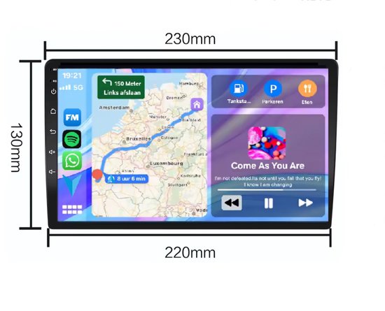 Autoradio met navigatiescherm, met afmetingen 230mm x 130mm.