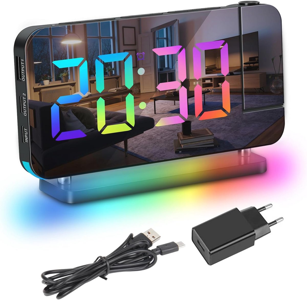 Projectiewekker met Draaibare Projector en RGB Nachtlampje - Digitale Wekker met USB-C Oplaadpoorten