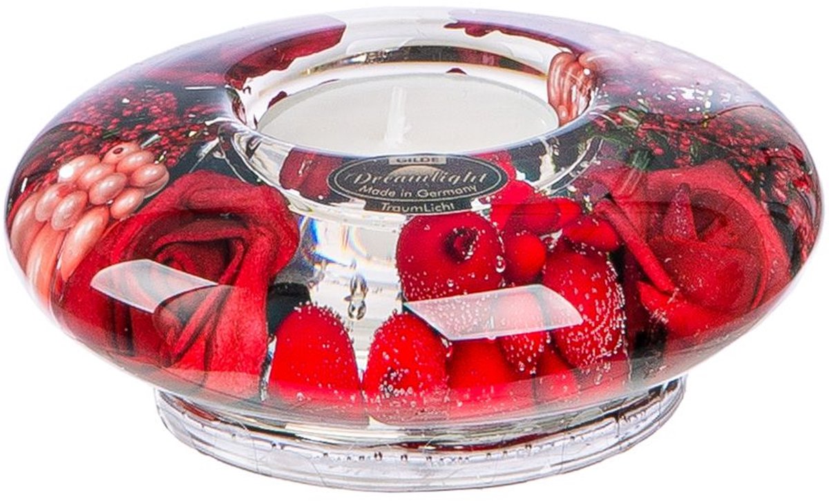 Fleurs Rouges - Plat Volantes - Waxinelichthouder - Rode Bloemen - Theelichthouder - Glas - Rond - Diameter 10 cm - Hoog 10 cm