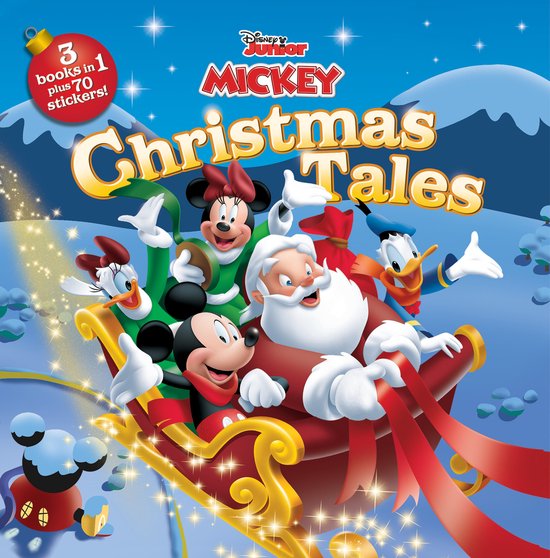 De Disney Junior Mickey Christmas Tales met Mickey, Minnie, Daisy, Donald en Kerstman in een slee. 3 boeken in 1 plus 70 stickers!