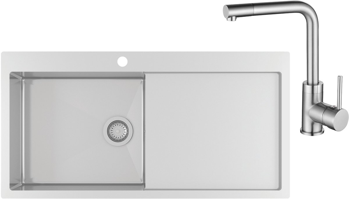 GURARI Roestvrijstalen spoelbak LUN101M-L + Keukenkraan 5553-002, Inbouwspoelbak 1000x510 mm, Roestvrij staal, Rechthoekig