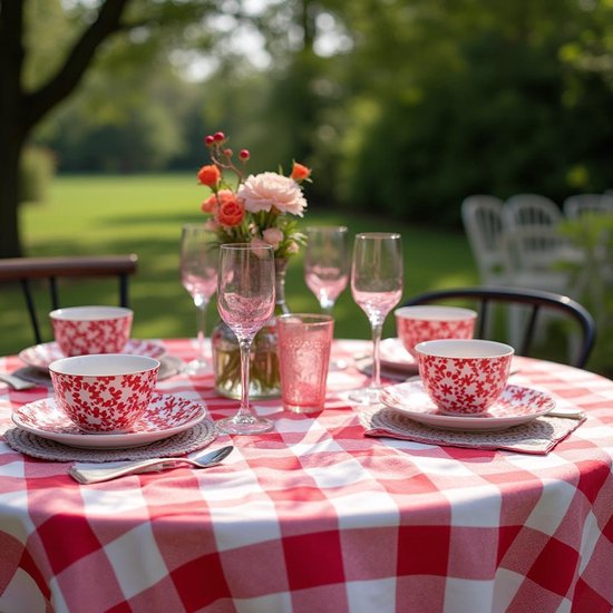 Nappe à grande carreaux, rouge 140 cm ronde (sans repassage) - été - pique-nique