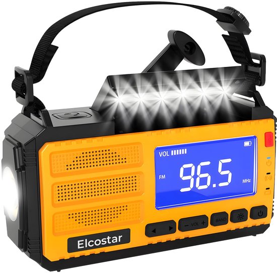 Elcostar Premium Noodradio - 2025 model - 10.000 mAh - Survival Noodpakket - Solar Opwindbaar - Solar Powerbank Zonne Energie - Draagbare Radio op batterijen - Zaklamp led oplaadbaar - Oranje