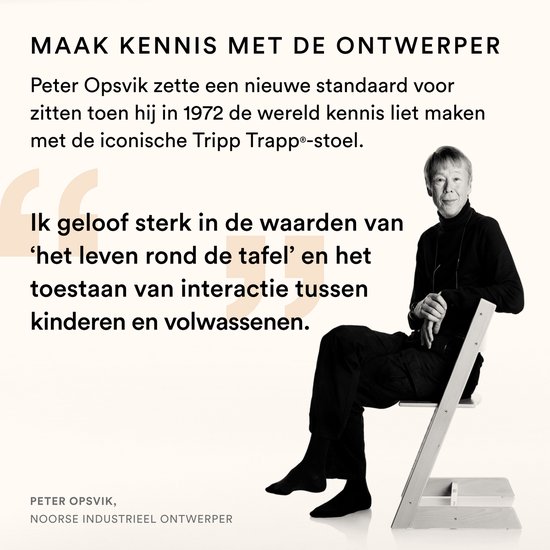 Peter Opsvik, ontwerper van de Tripp Trapp stoel, zittend op een stoel.