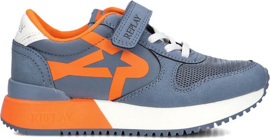 Blauwe sneaker met oranje ster-logo, oranje en witte zool, en klittenband.