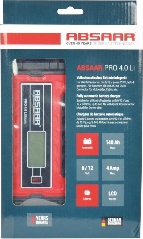 Absaar Battery Charger Pro 4.0li 6/12 Volt 0-95 / 140 Ah 4 A Rouge / noir |  bol.com