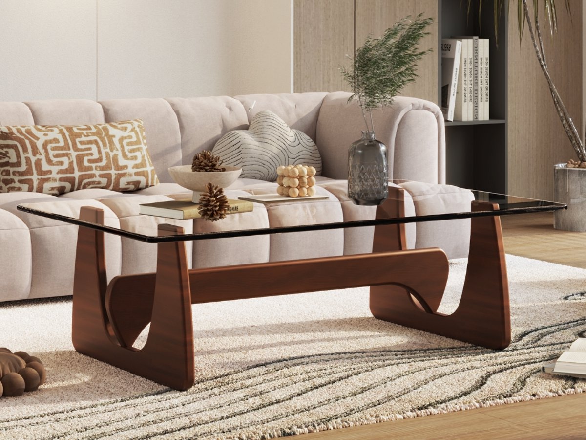 Salontafel - Walnoot Hout - Glas - Tafel - Coffee table - Koffie tafel - Design tafel