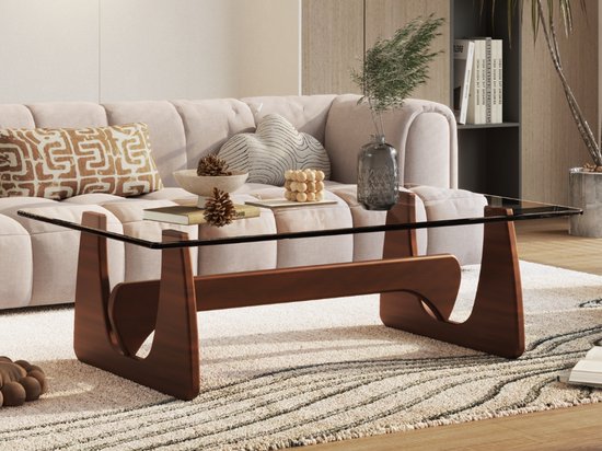 Salontafel - Walnoot Hout - Glas - Tafel - Coffee table - Koffie tafel - Design tafel