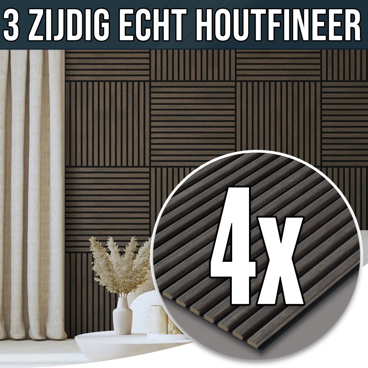 YSONIC Akoestische Wandpaneel - 4 Stuks - 60x60 - Echt Houtfineer - Luxe & Stijlvolle Geluidsabsorptie Eiken Akupaneel - 3 Zijdige Laminatie - Smokey Eik