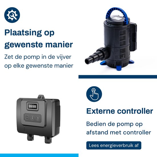 BluFlow Control 8.000 - Regelbare vijverpomp voor in vijver of droogopstelling - Geschikt voor filter waterval beekloop - Incl. controller - 8.000 l/uur - 18-80 watt