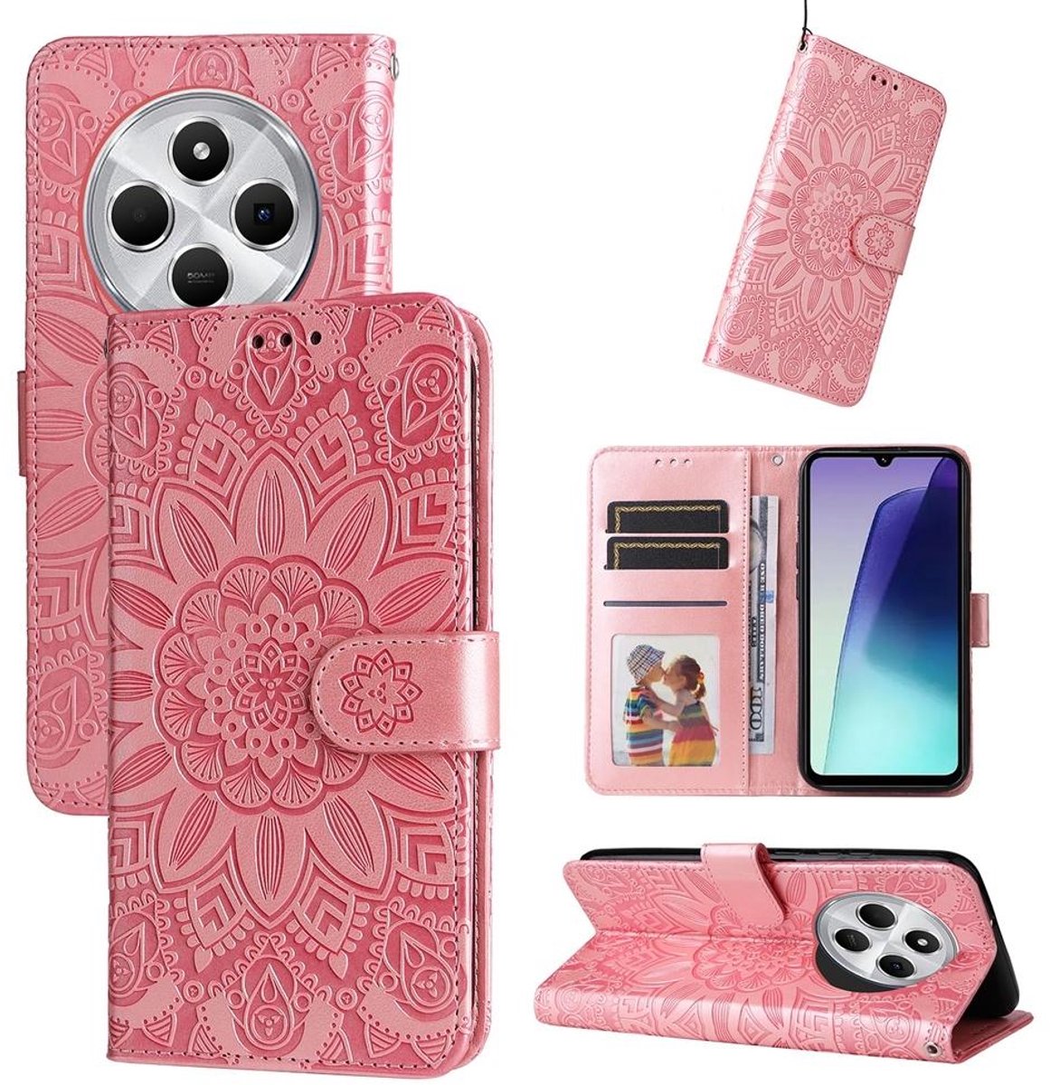 Mobigear Telefoonhoesje geschikt voor Xiaomi Redmi 14C Hoesje | Mobigear Sunflower Bookcase Portemonnee | Pasjeshouder voor 3 Pasjes | Telefoonhoesje voor Pinpas / OV Kaart / Rijbewijs - Roségoud