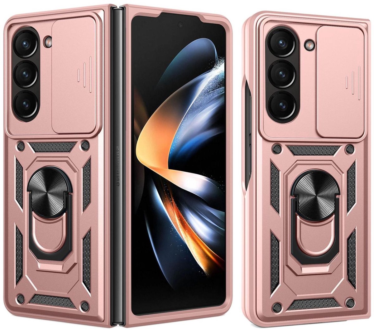 Mobigear Hoesje geschikt voor Samsung Galaxy Z Fold 7 Telefoonhoesje Hardcase | Mobigear Armor Ring Cam Slide Backcover Shockproof met Ringhouder en Camera Slider | Schokbestendig Galaxy Z Fold 7 Telefoonhoesje | Anti Shock Proof - Roségoud