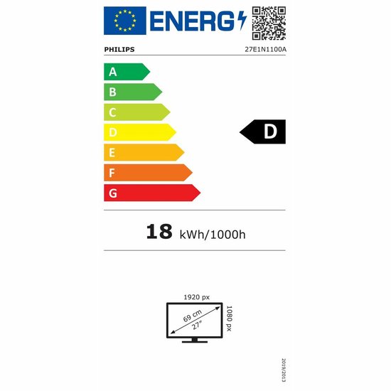 Energie-etiket voor Philips 27E1N1100A, klasse D, 18 kWh/1000h, 27 inch.