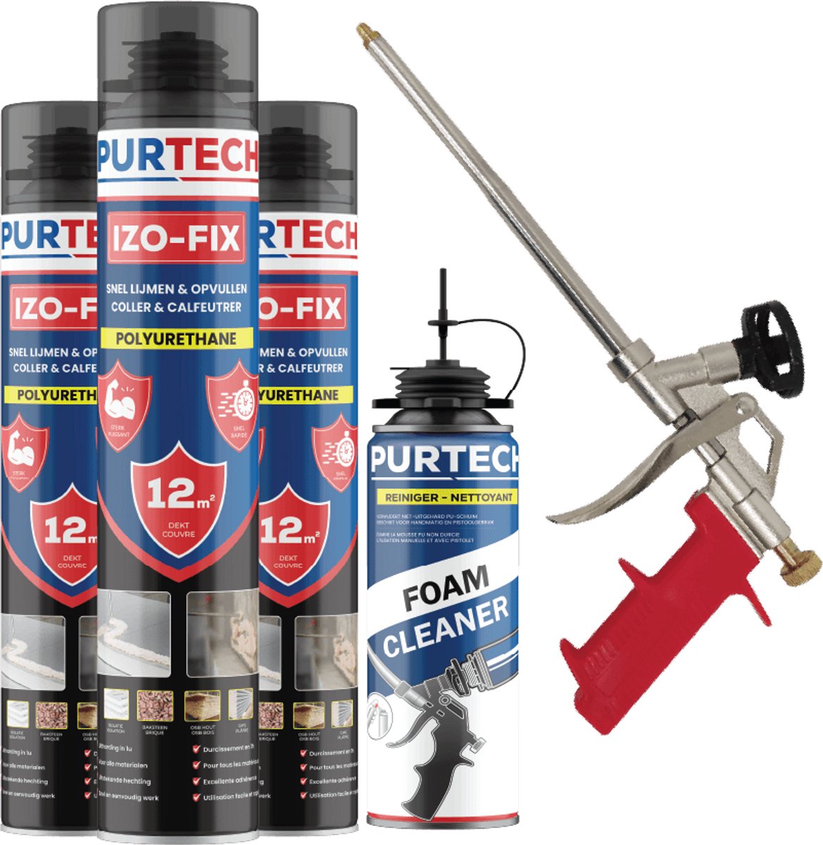 Purtech - Izo-fix Combibox - PUR montageschuim - Pu schuim - 10x izo-fix 850ml 1x Pistool 1x Reiniger 500ml
