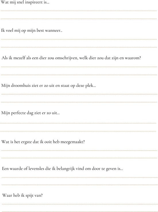 Een pagina met vragen om in te vullen, zoals "Wat mij snel inspireert is..." en "Mijn droomhuis ziet er zo uit...".