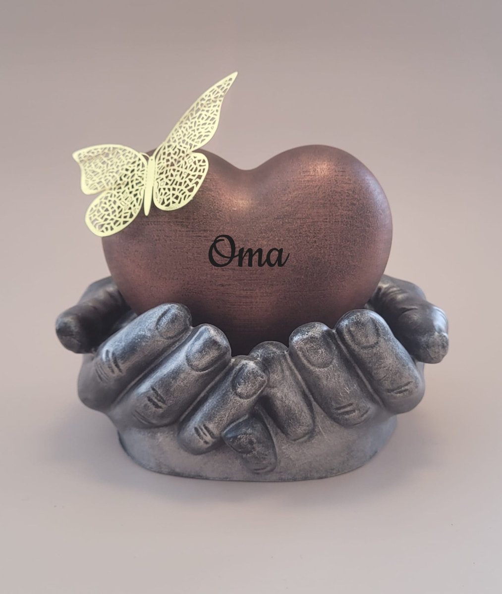 Urn hart in handen - oma - 450 ml - koper, oud zilver