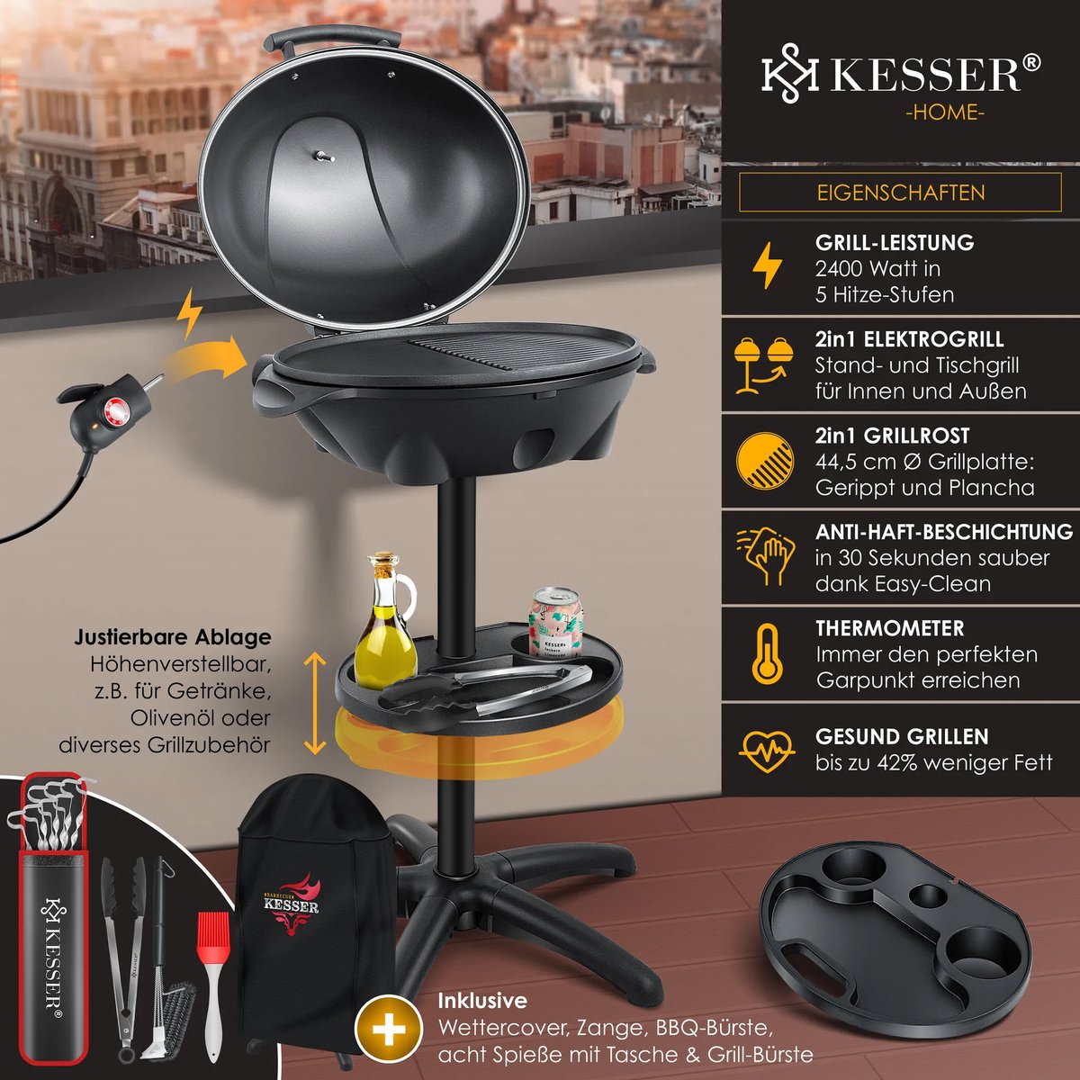 KESSER® elektrische grill 2in1 tafelgrill - staande grill met deksel en standaard | maximaal 2400 watt thermometer | Anti