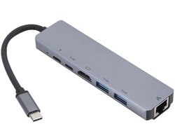 6 IN 1 USB-C naar 4K HDMI + Ethernet (RJ45) + 2x USB 3.0 + 2X USB-C adapter docking hub kabel – geschikt voor o.a. telefoon en laptop – grijs