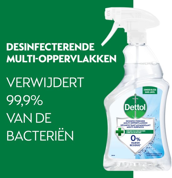 Spray désinfectant multi-surfaces Dettol élimine 99,9% des bactéries.
