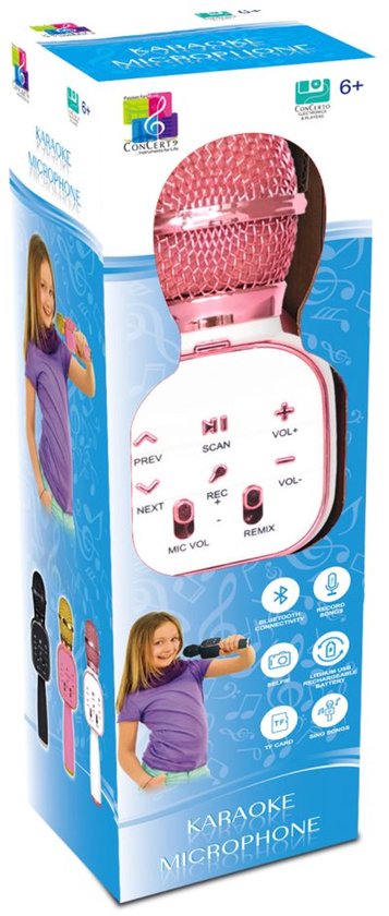 Roze karaoke microfoon met glitter. Op de doos staat een meisje met de microfoon. Ook de bedieningsknoppen worden getoond.