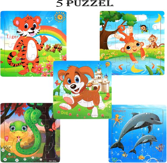 Houten Kinderpuzzel - Set van 5 Legpuzzels met Dieren & Vormen - Educatief Speelgoed voor Peuters (1-5 Jaar) - 20 Stukjes van KidKraft — afbeelding 2