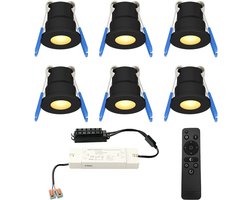 HOFTRONIC Milano - 6x Zwarte LED Inbouwspots - Traploos dimbaar met RF-afstandsbediening - Zwart - IP65 Waterdicht - 2700K Extra warm wit - 3W CREE LEDs 12V -Verandaverlichting - Plafondspotjes badkamer - Voor Veranda, Carport en Badkamer