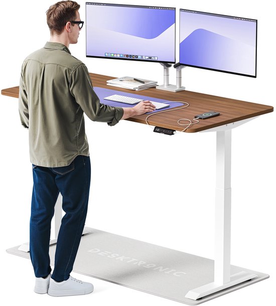 Desktronic HomeOne Zit-sta Bureau Elektrisch In Hoogte Verstelbaar, 160x80cm, Wit/Notenhout, Stille Dubbele Motor, Hoogte 72-119cm