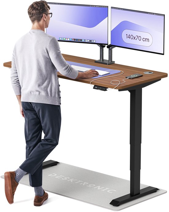 Desktronic HomePro Zit-sta Bureau Elektrisch In Hoogte Verstelbaar, 140x70cm Zwart/Notenhout, Stille Dubbele Motor, Hoogte 62-126cm