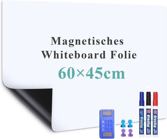 Whiteboardfolie 60x90cm - 3M magneetfolie zelfklevend - Magneetbordfolie uitwisbaar - Praktische ijzerhoudende folie wit - Whiteboardfolie incl. 4 markers, gum en 6 stiften
