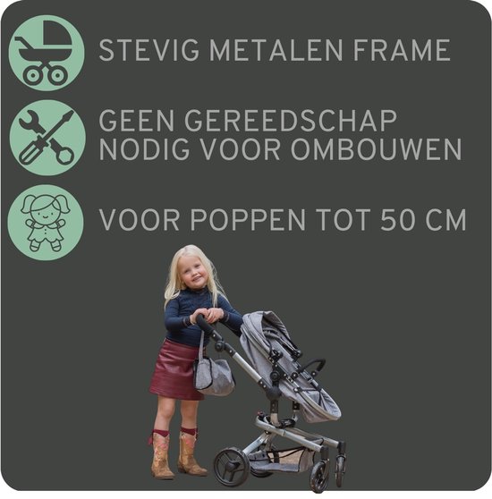 Meisje duwt een grijze poppenwagen. Tekst: stevig metalen frame, geen gereedschap nodig, voor poppen tot 50 cm.