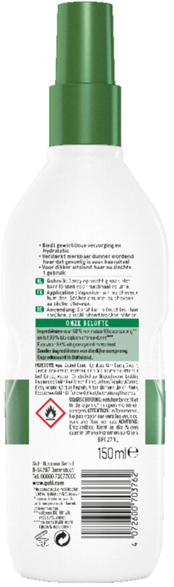 Achterkant van de Guhl Kracht & Volume spray treatment fles met groene dop en pompsproeier.