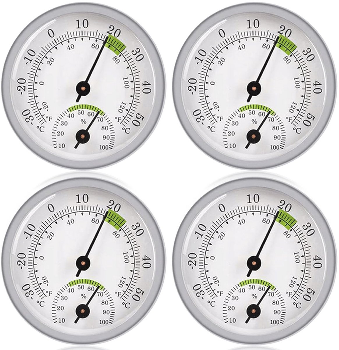 Thermo-hygrometer voor binnen en buiten – Vochtigheidsmeter, thermometer en klokthermometer - 4 stuks - 58 mm
