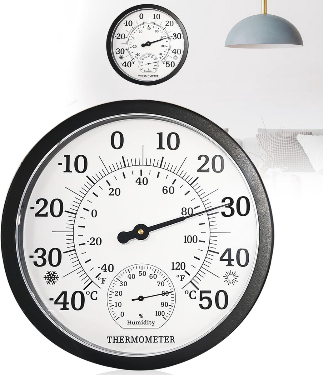 Grote 2-in-1 Buitenthermometer met Luchtvochtigheidsmeter - Analoge Thermometer voor Binnen en Buiten - 10 Inch