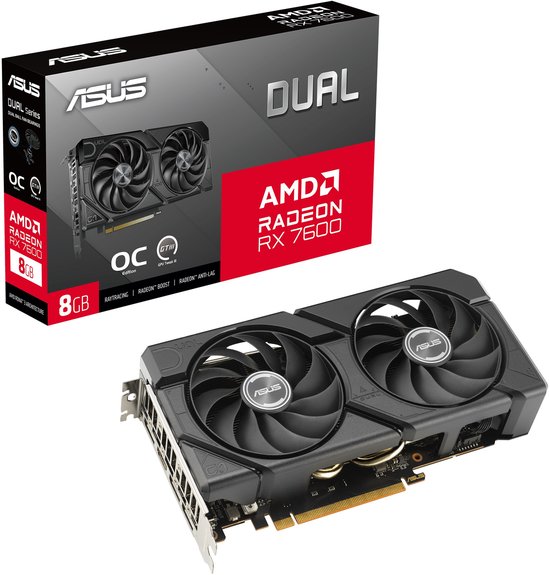 AMD Radeon RX 7600 EVO 8GB GDDR6 PCIe 4.0 Videokaart ASUS Dual OC Edition met Dual Fan, 4K-8K, HDMI 2.1b, DisplayPort 1.4