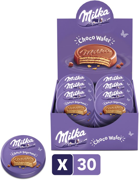 Foto: Milka choco wafer koekjes melkchocolade 30 x 30g chocolakoeken voorraad verjaardag cadeau vrouw of man geschenkset voor man en vrouw