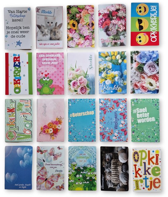 Cards & Crafts 20 Luxe Wenskaarten Beterschap / Sterkte / Opkikkertje - 17x12cm - Gevouwen kaarten met enveloppen