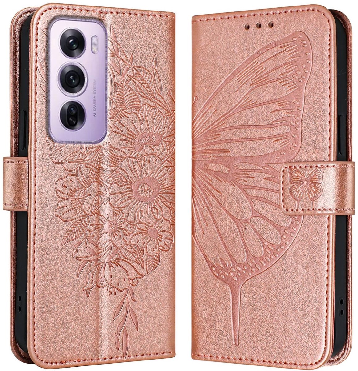 Mobigear Telefoonhoesje geschikt voor OPPO Reno 12 Pro Hoesje | Mobigear Butterfly Bookcase Portemonnee | Pasjeshouder voor 3 Pasjes | Telefoonhoesje voor Pinpas / OV Kaart / Rijbewijs - Roségoud