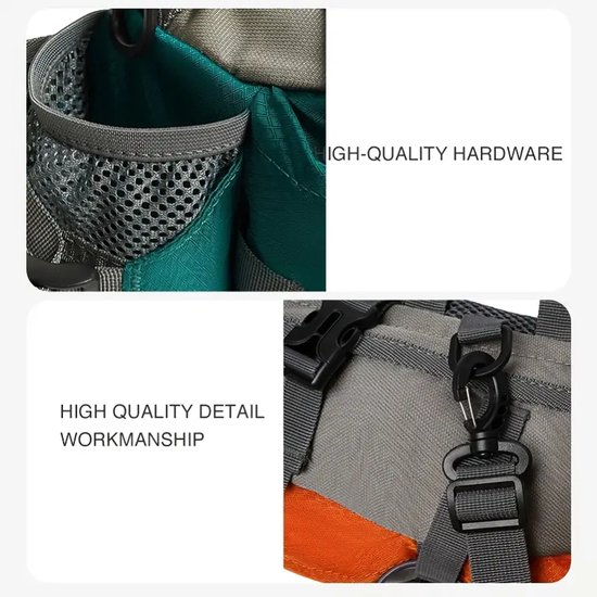 Details van groene, grijze en oranje heuptas: mesh vak en hoogwaardige gespen.