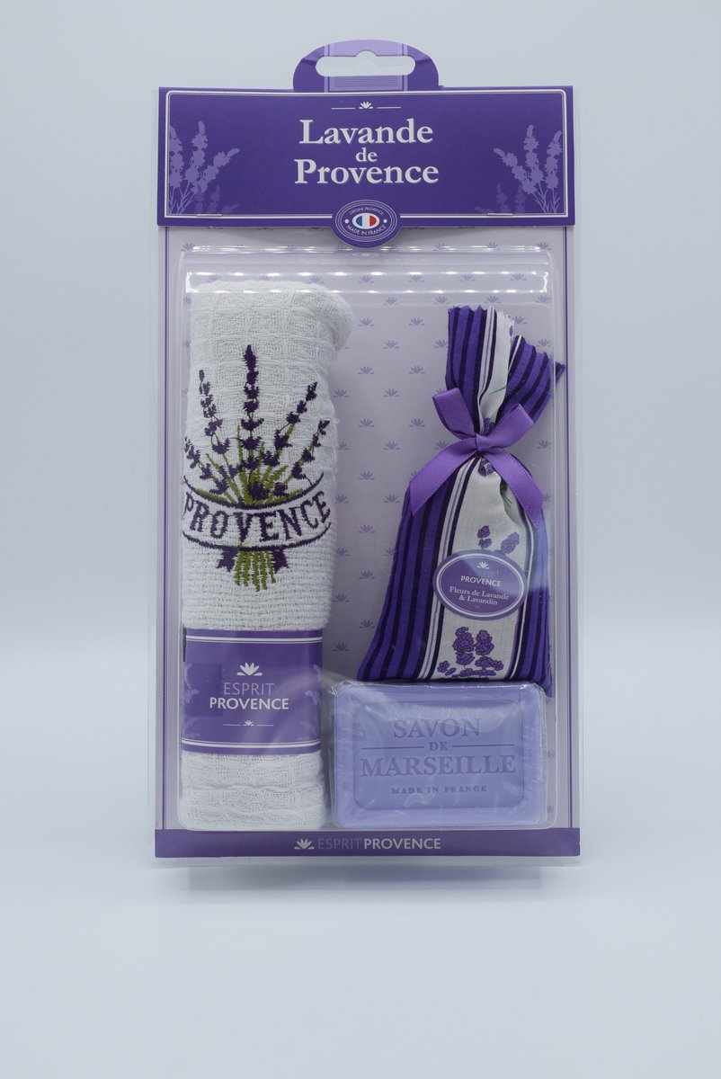 Lavendelgeschenk theedoek + zeepje 60 gram + geurzakje